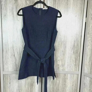 MM Lafleur Tunic Top Belted Sleeveless Textured Navy Blue Size 8